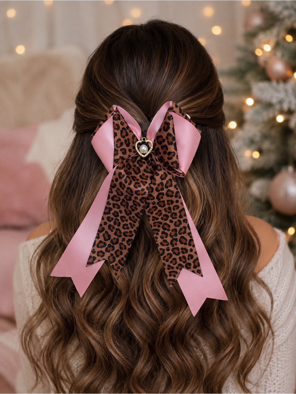 Pink Satin & Leopard Print Hair Bow with Heart Accent - Picture 1 of 4